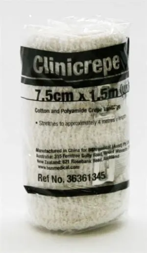 12 X 7.5cm Crepe Bandage (Medium Weight) 1.5m With Clip
