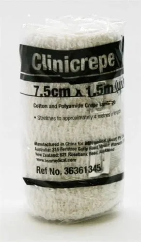 7.5cm Crepe Bandage 1.5m (4m Stretched) With Clip Clinicrepe